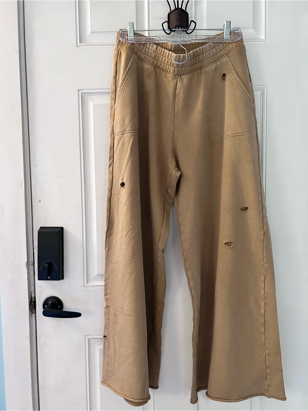 aerie Wide-Leg Distressed Pants in Tan